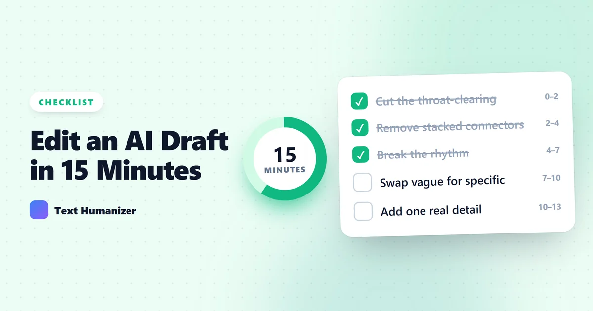 Cover image for the article: How to Edit an AI Draft So It Sounds Like You: A 15-Minute Checklist
