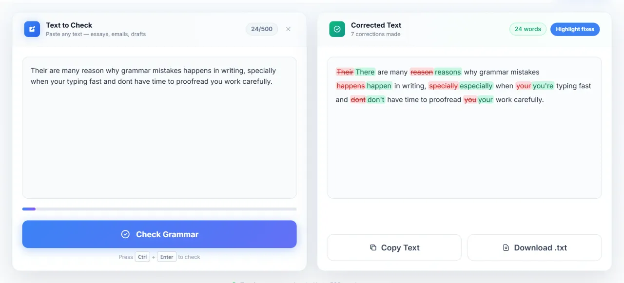 Grammar Checker result showing seven highlighted corrections, such as “Their” changed to “There” and “dont” to “don't”